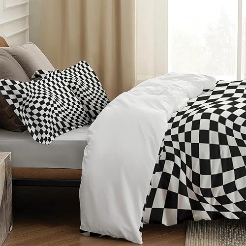 Miniatura 7 de Juego de funda de edredón tamaño Queen, diseño geométrico a cuadros con cierre de cremallera para niños y adultos, funda de edredón de ajedrez negro