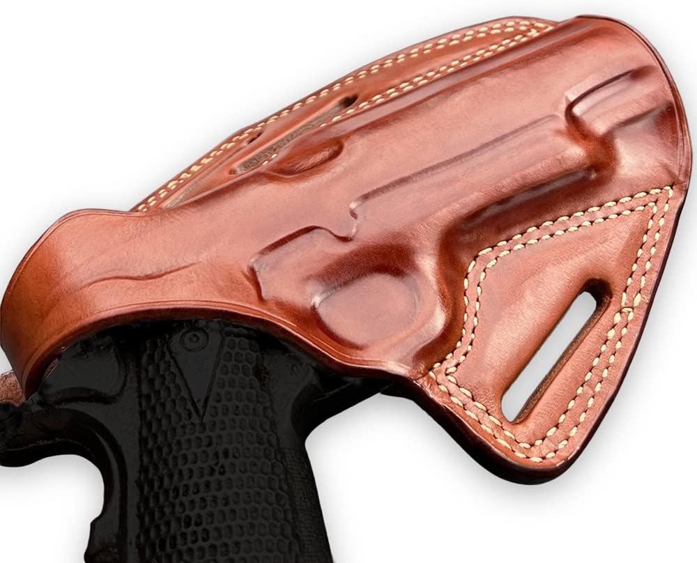 Masc Premium Leather OWB Three Slot Pancake Holster with Thumb Break Fits 1911 w/Rail 5-inch, Right-Hand Draw, Brown Color #1149#