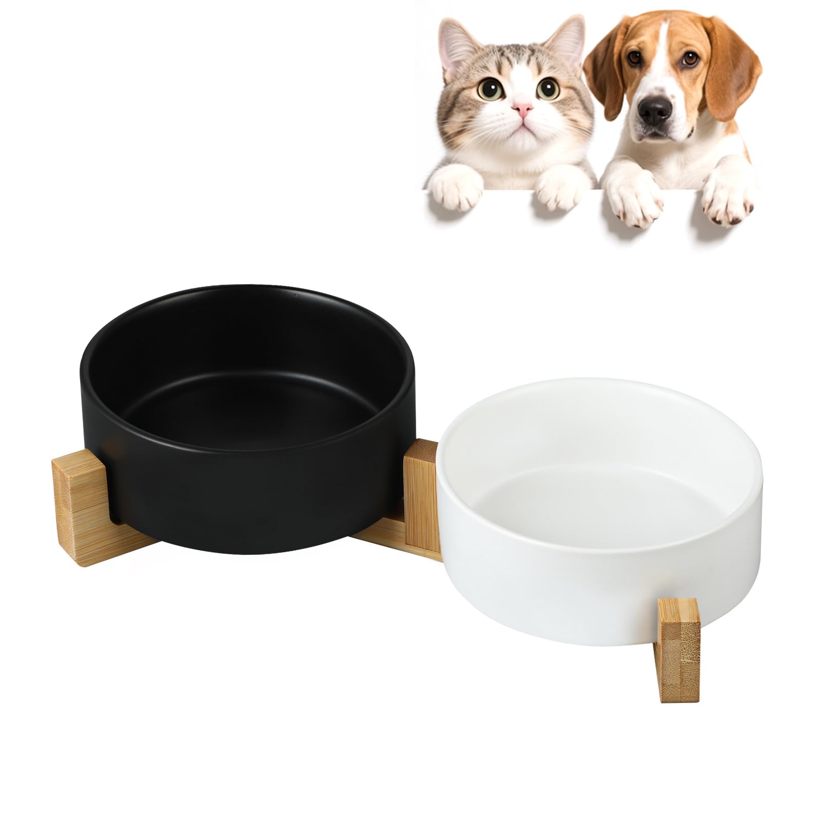 Ceramic Cat Bowls with Bamboo Stand, Double Elevated Pet Feeding Bowls, 400ml Each, Removable Non Slip Food and Water Bowls, Stable Base for Cats & Small Dogs, Black & White