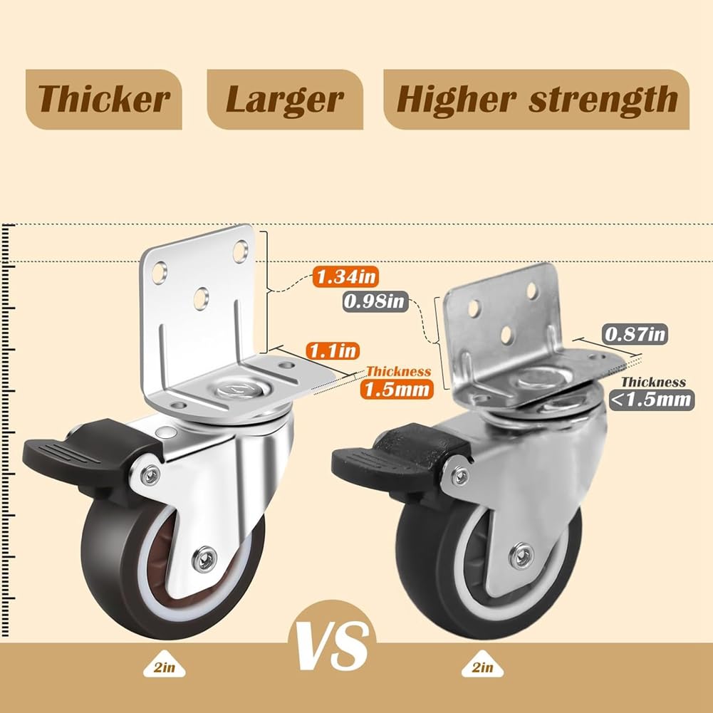 Side Mount Ruote,Ruote Set da 4 con Freno,L-Shape Piastra Piccolo Ruote per Mobili,Armadio Ruote,1.25in(L-Shape)