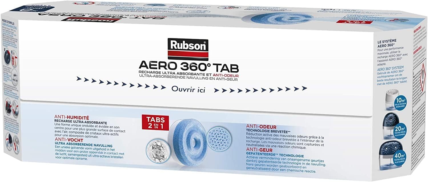 Rubson AERO 360° TAB, recharges en tabs neutres pour absorbeur d'humidité, ultra absorbantes et anti odeurs recharges pour déshumidificateurs AERO 360°, 6 x 450 g - 2