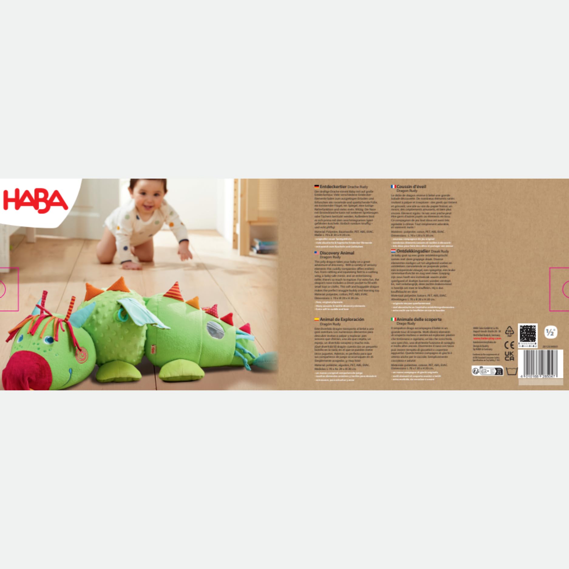 HABA Entdeckertier Drache Rudy – Plüschdrache mit akkustischen & haptischen Elementen, Rassel, Quietsche und Spiegel, Kuscheltier für Kinder ab 6 Monaten – 2012334001