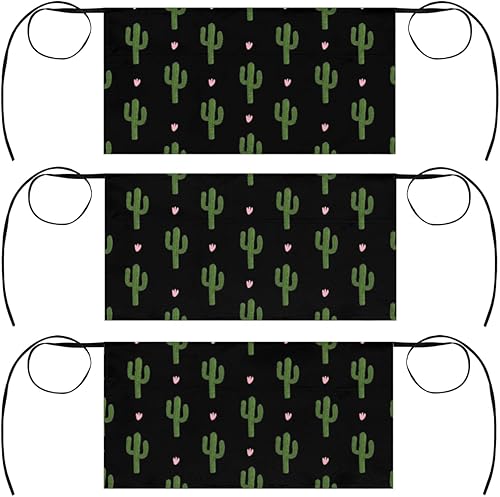 Miniatura 1 de Delantal de cintura de 3 bolsillos, paquete de 3, diseño de cactus verde servidor, delantal corto para hombres y mujeres, cocina, restaurante,