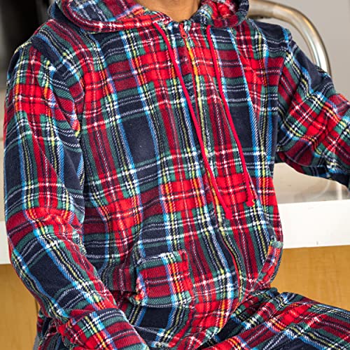 Alexander Del Rossa Men's Warm Fleece One Piece Non-Footed Or Footed Pajamas Set, Adult Onesie With Hood And Two Large Front Pockets, Plaid Footed, Medium #TOP4