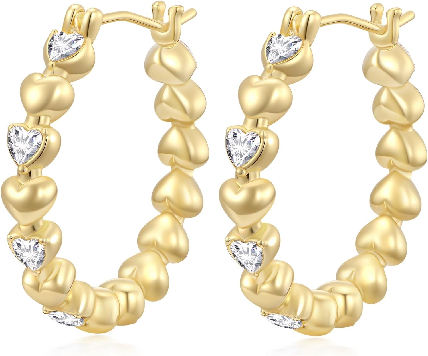 14K Gold Plated Hoop Earrings for Women 14K Gold Earrings Diamond Hoops Earring Gold Trendy Round/Heart Design Womens Earring 25mm 