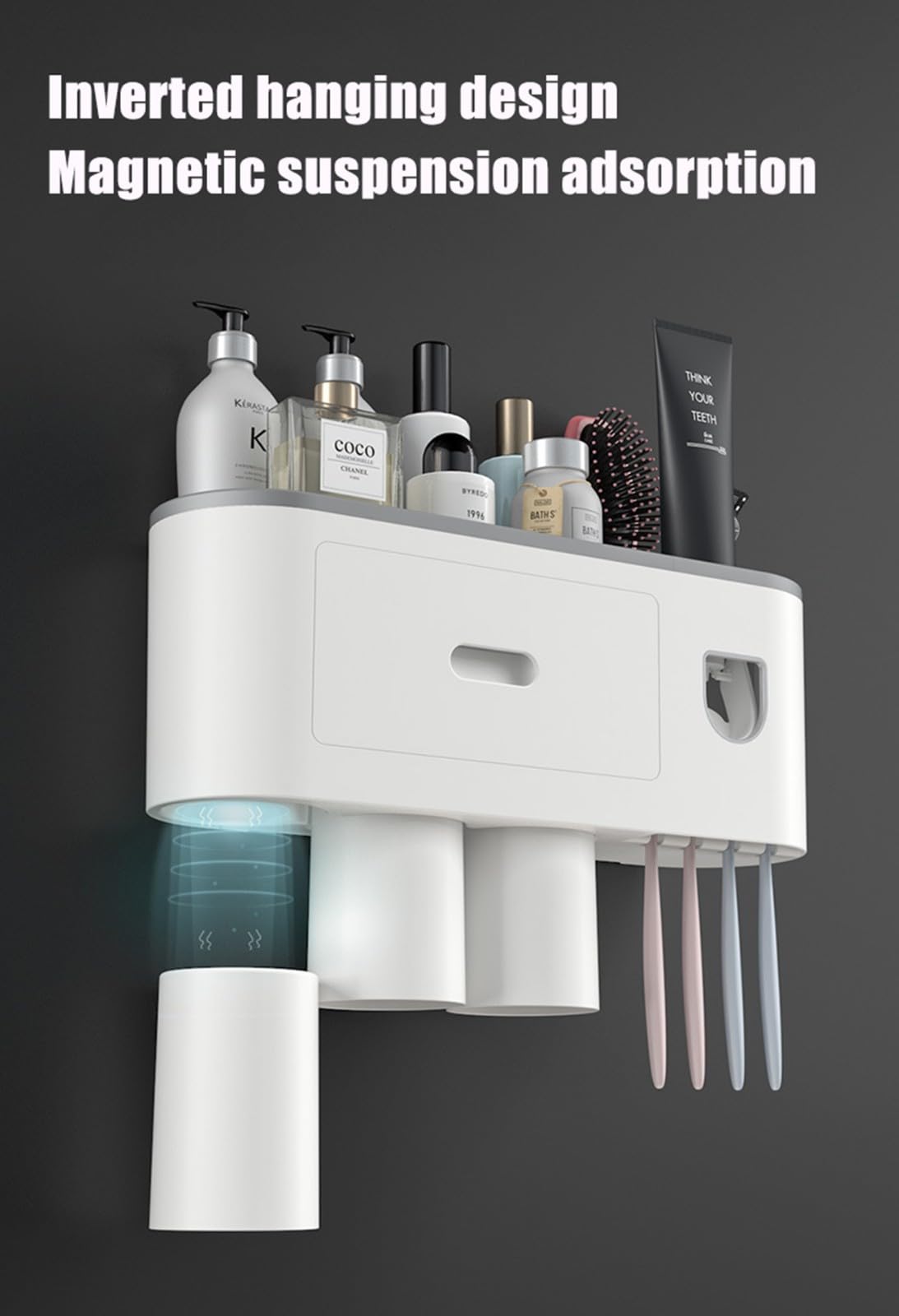 Zahnbürstenhalter Wand Mit Zahnpastaspender, Großer Kapazität Mit Kosmetik-Organizer-Schublade,Pinselschlitzen, Magnetischen Bechern Für Große Familien,Grau,5 Cups