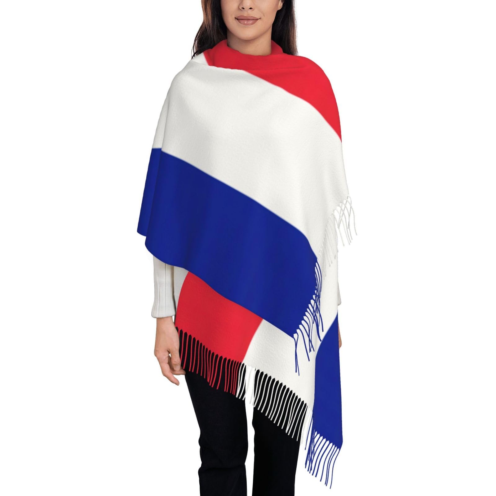 Sdegtho Black French Flag Printed Long Shawl, Wrap Around Neck Warmer With Flowing Tassels For Comfort And Styling