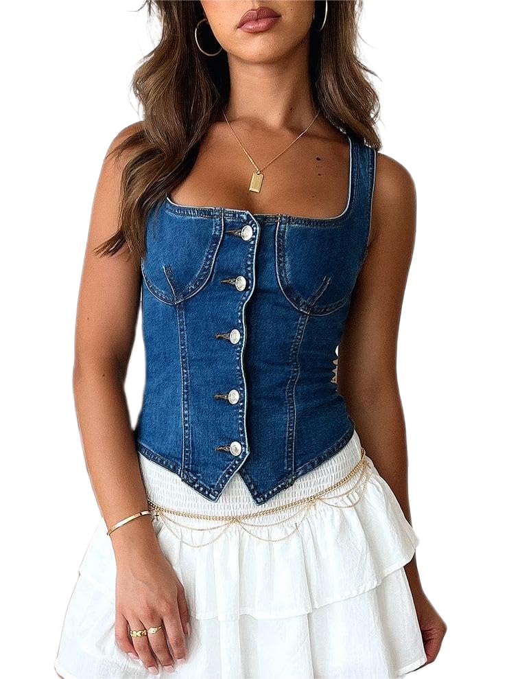 Sastianaen Women Vintage Denim Vest Y2k Button Down Tank Top Square Neck Sleeveless Jean Top Going Out Streetwear