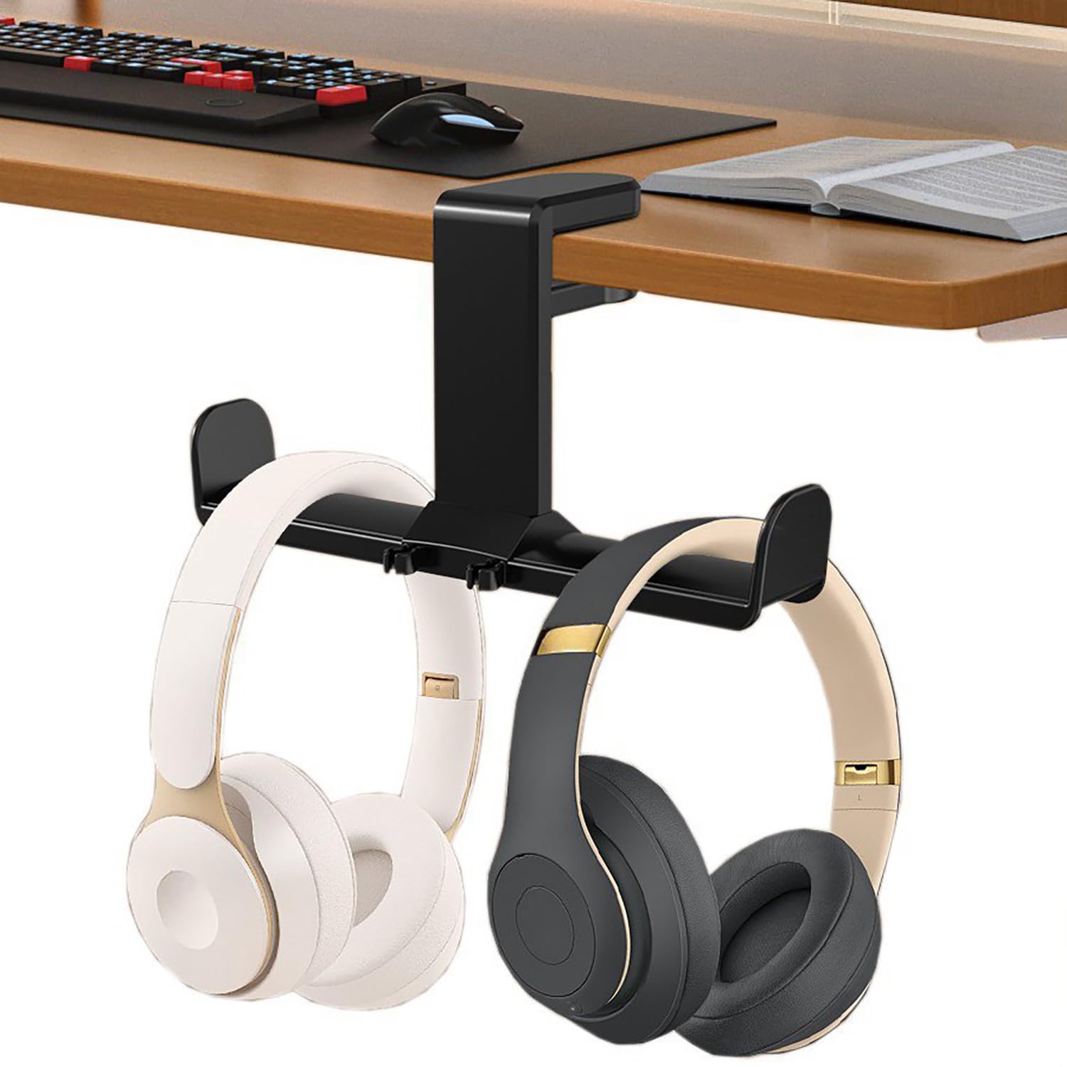 oivo india dual-hook headphone stand for desk – 2 x 360° rotating under-desk headset holder, clamp-on headphone hanger with anti-slip pads & cable clip, holds two headphones at once – gaming & office