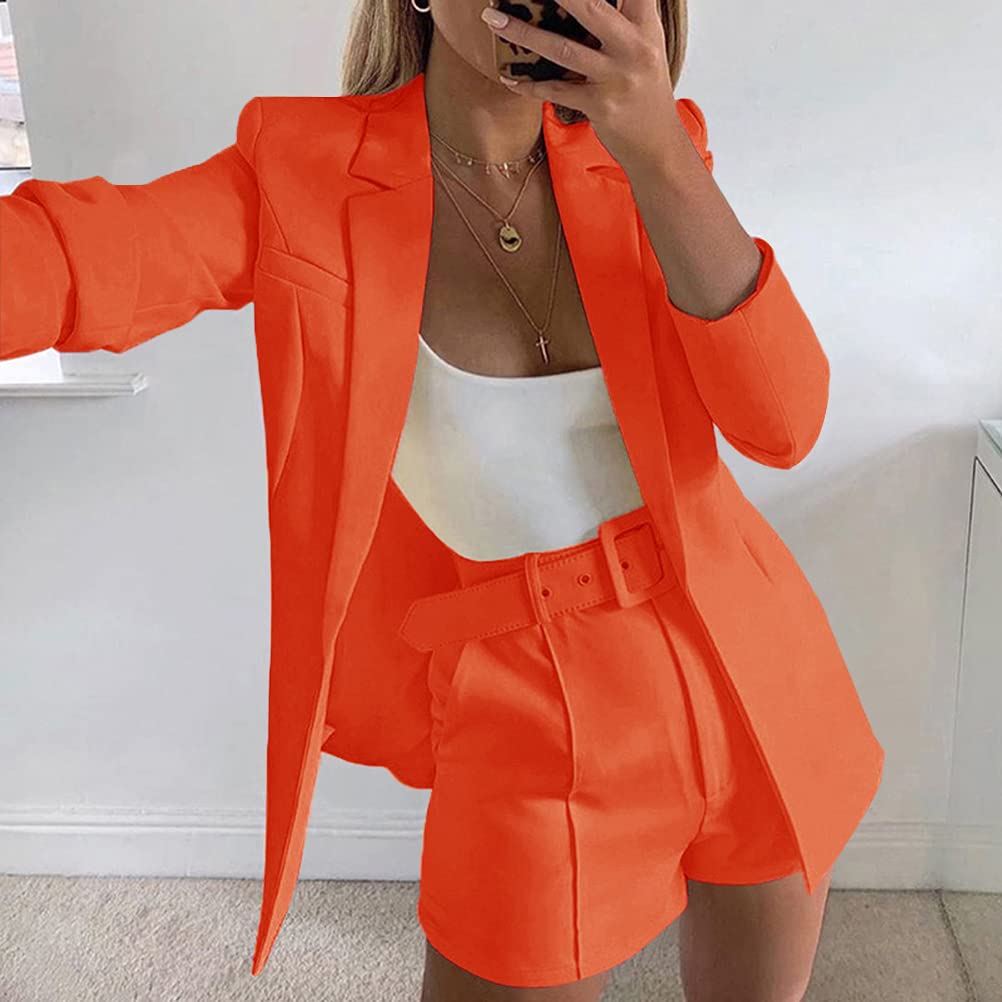 shownicer Ensemble Femme Blazer Tailleur+Short de Bureau 2 Pièces Veste de Costume Manteau Blouson Casual Slim Fit pour Affaires Soiree Travail