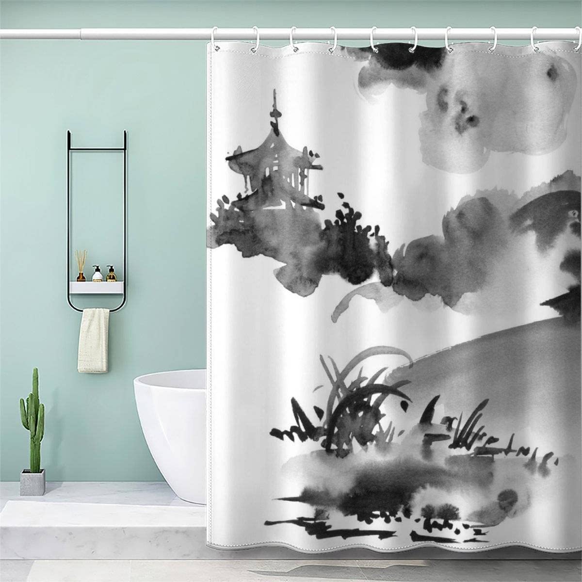 AOLIGL Japanese Style Shower Curtain 180x200cm Ink Art Funny Shower Curtains Quick-Drying Waterproof Shower Curtains Mould Proof Resistant With 12 Hooks and Weighted Hem