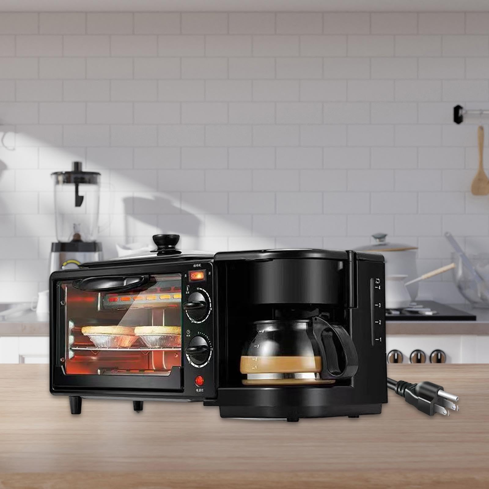 Máquina de Desayuno 3 en 1, Plancha Antiadherente, pequeños electrodomésticos de Cocina versátiles, Horno Tostador con cafetera for Huevos y Salchichas