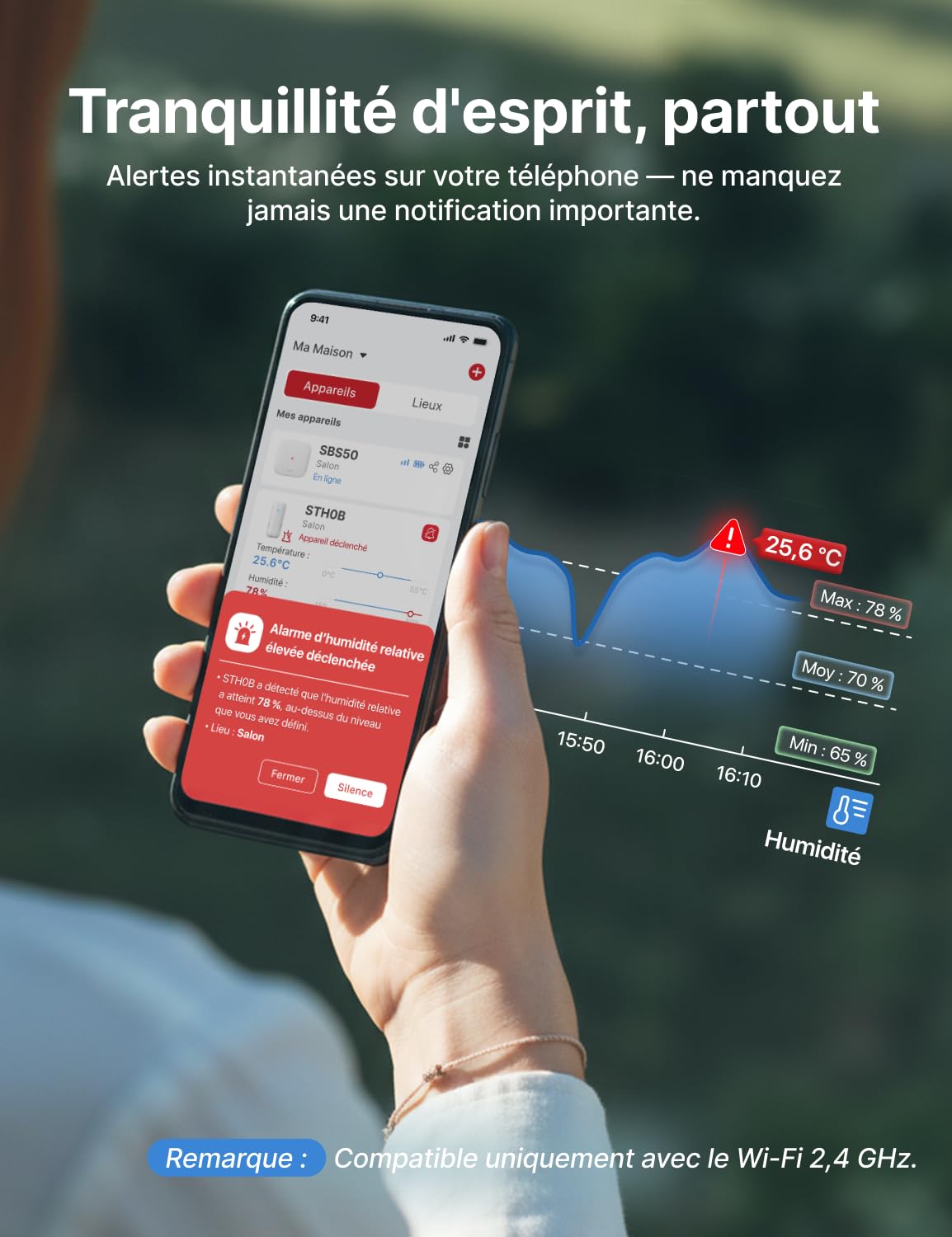 X-Sense WiFi Thermomètre Hygromètre Intérieur, Smart Moniteur de la Température et de l'Humidité avec Station de Base SBS50, Alertes sur l'App, Exportation Gratuite des Données Stockées, STH0B41