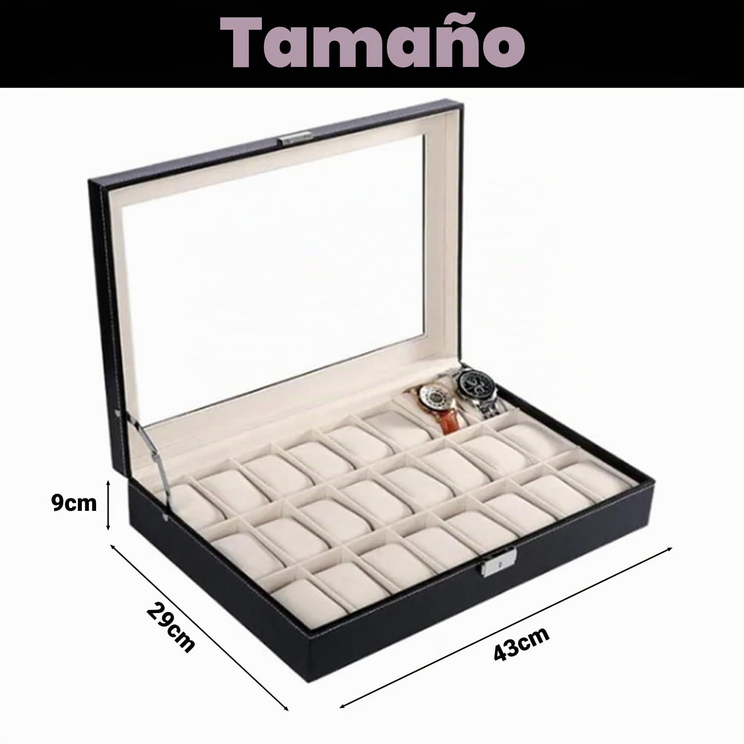 Tyenaza Caja de Reloj con 24 Ranuras, Vitrina de Reloj con Ventana, Caja de Organizador de Reloj Impermeable de Cuero de PU con Cerradura, para Tocador de Tienda, Regalo de Hombres(43x29x9cm)