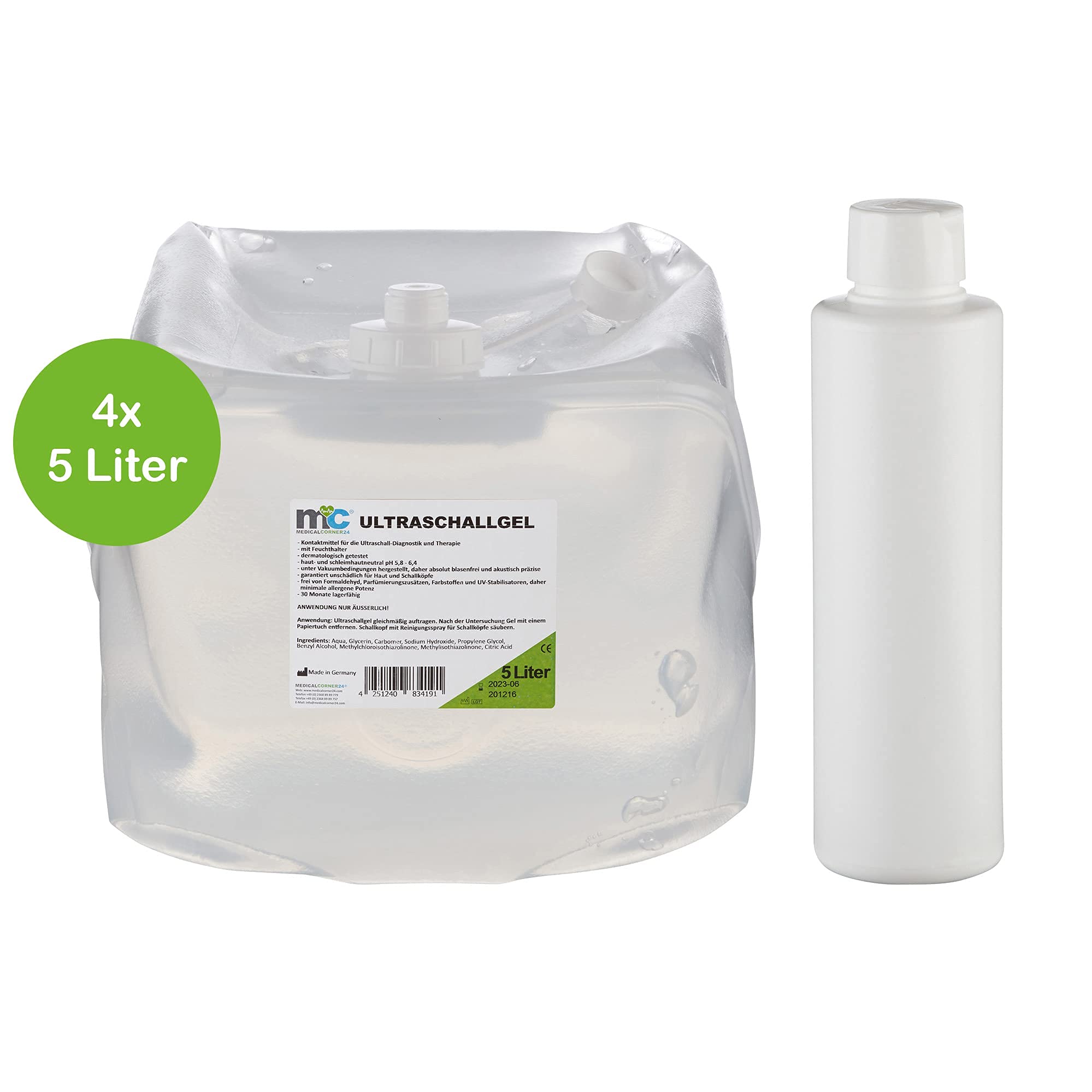 Ultrasonido Gel 20 kg Medicalcorner24 con botella vacía, 4 x 5 kg, gel de contacto, conductora Gel