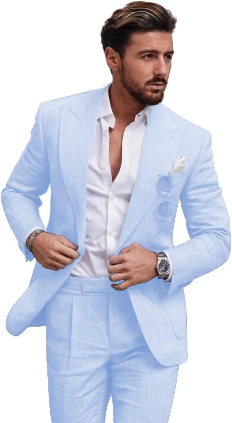Men's Linen Suit 2 Piece Slim Fit Suit Summer Beach Wedding Suit Groosmen Prom Tuxedo Linen Blazer Pants Set