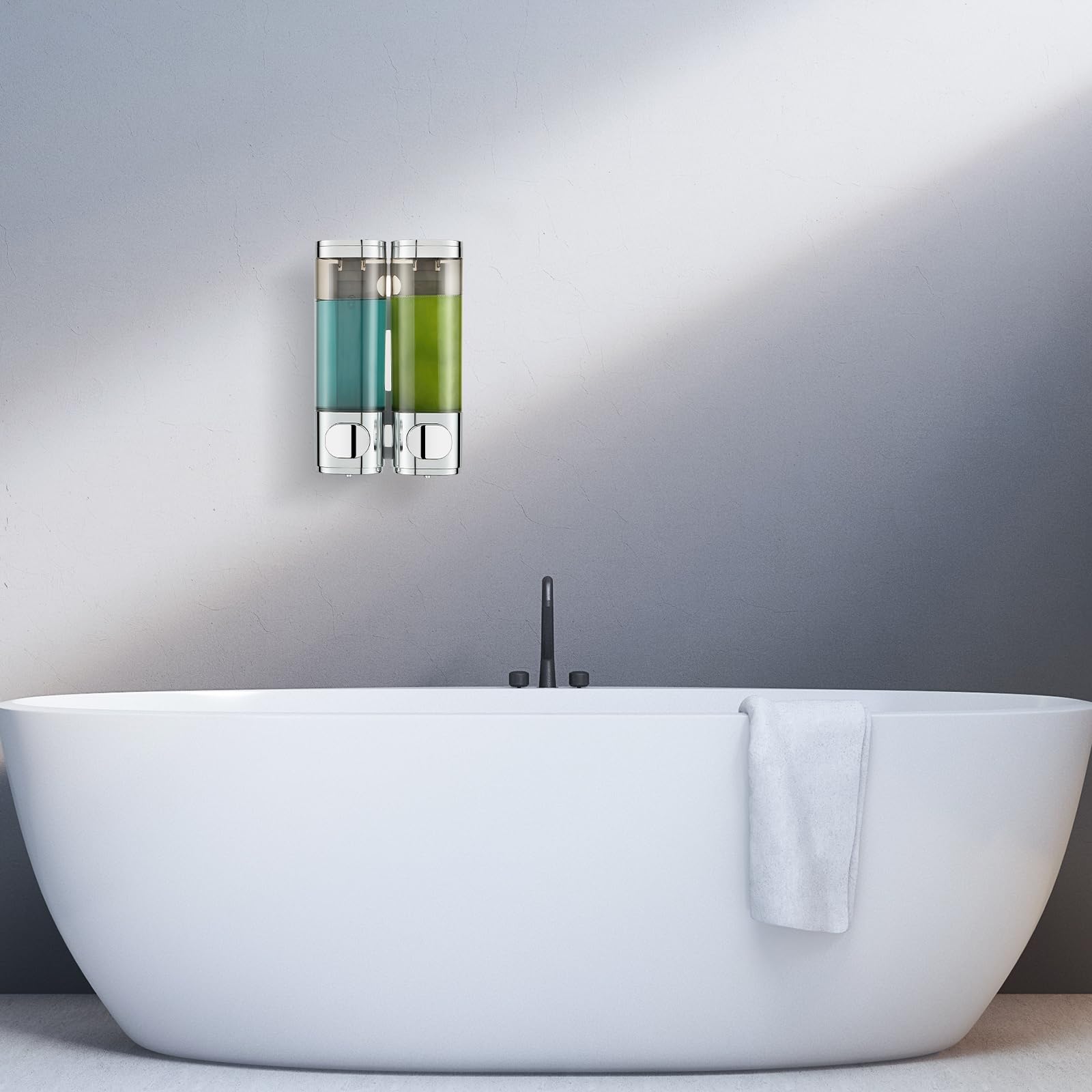 modunful Dispenser doccia a 2 camere, senza trapano, dispenser per shampoo per doccia, montaggio a parete, shampoo, balsamo, bagnoschiuma, per bagno, cromato, 2 camere