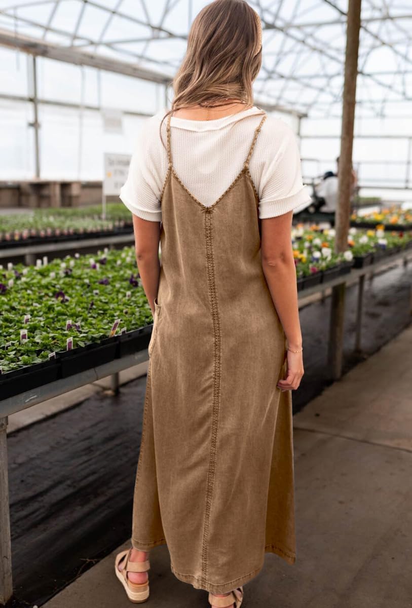 chouyatou Women's Summer Spaghetti Strap Denim Dress A-Line Overall Dress Flowy Swing Maxi Long Jean Dress - Image 2