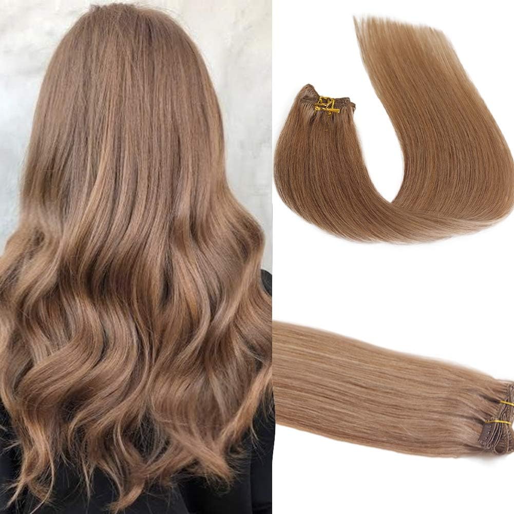 Clip in Human Hair Extensions Clip on Real Hair Extension #12 Golden Light Brown 70g 7 Pieces Full Head Silk Straight Brazilian Virgin Hair Clip Ins for White Women