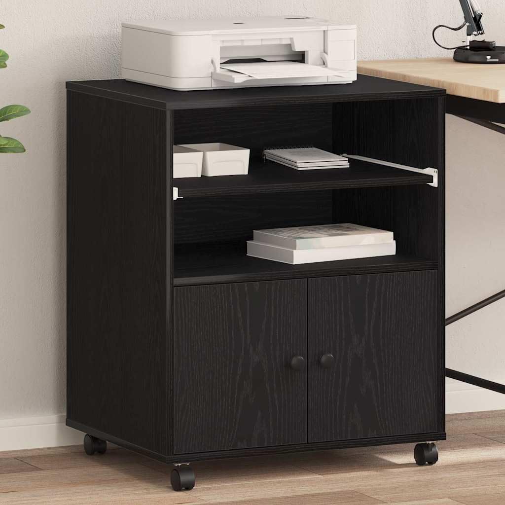 Druckerständer Schwarz Eichen-Optik 60 x 48 x 74 cm, kompaktes Druckerregal aus Holzwerkstoff mit schwarzen Knöpfen, Stabiler Druckerunterschrank für Home-Office und Büro,