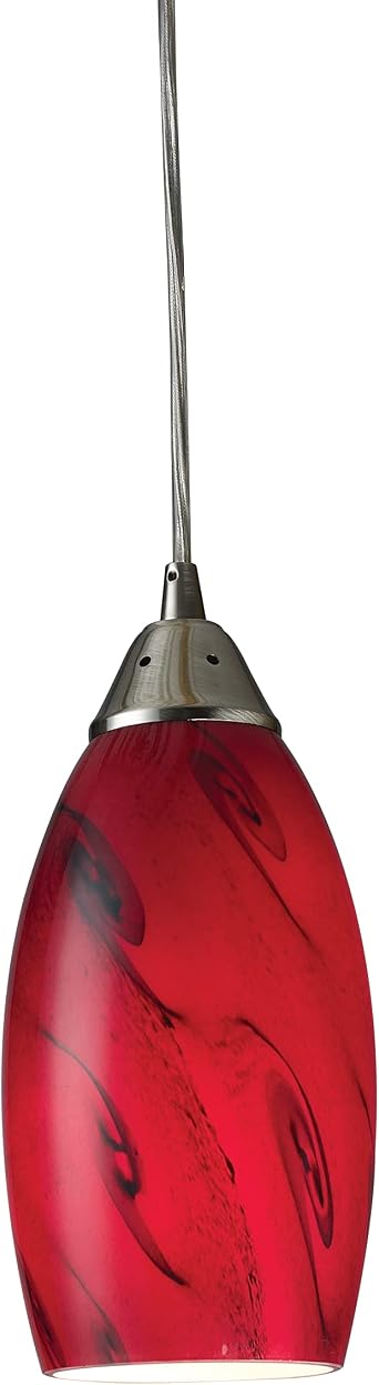 Elk Home Galaxy Mini Pendant 1-Light Satin Nickel Pendant Light with Hand Blown Red Glass Shade, Adjustable Hanging Height, Transitional Indoor Ceiling Lighting