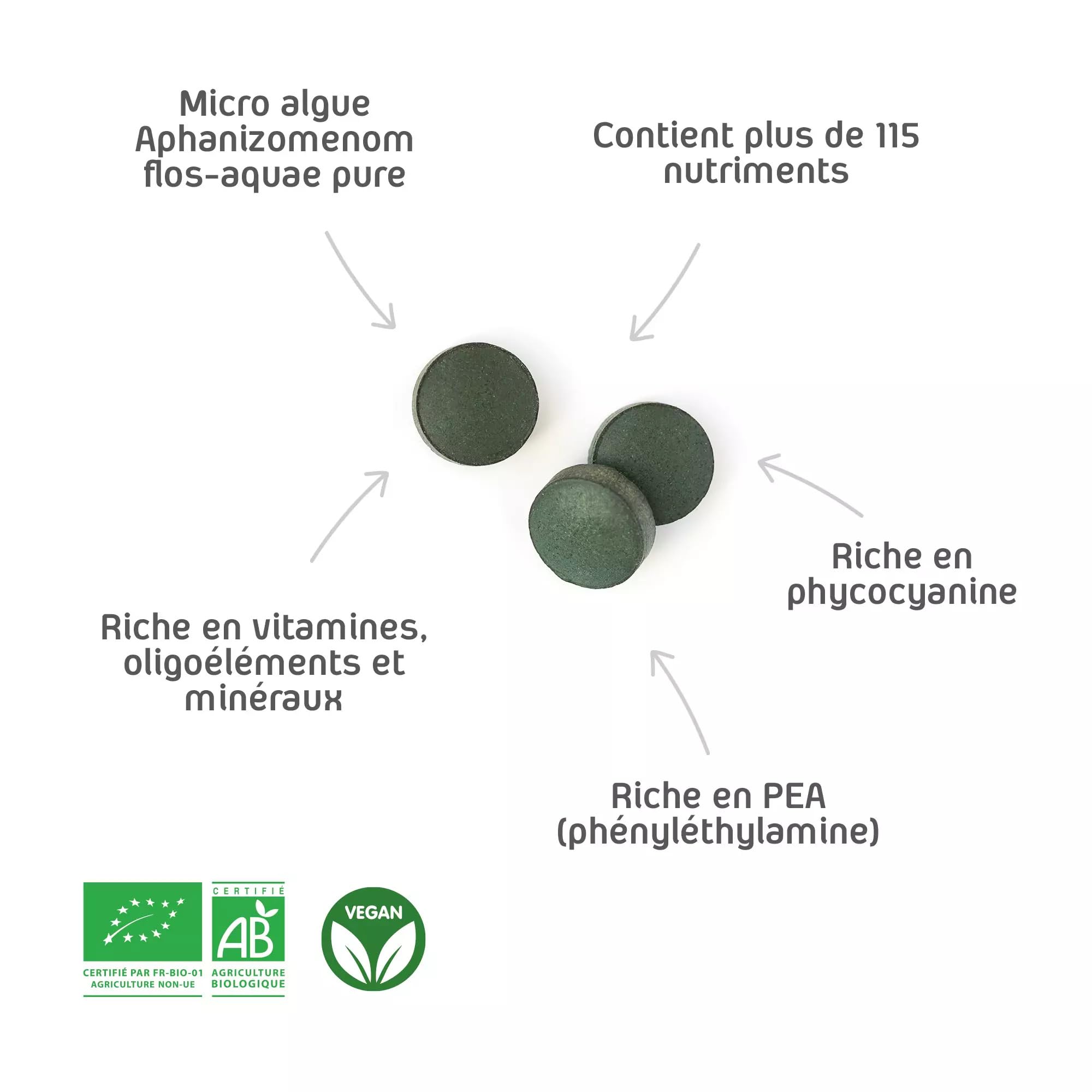 Klamath BIO - 150 comprimés - Complément Alimentaire - Humeur - Immunité - Energie mentale et physique - Vitamine B12 & Vitamine K - Phycocyanine & PEA