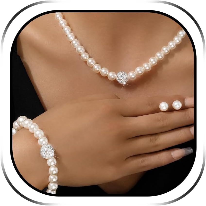 Chunky Pearl Jewelry Set for Women Pearl Necklace Bracelet Stud Earrings Ring Set Wedding Bridal Bridesmaid Jewelry Formal Party Gift