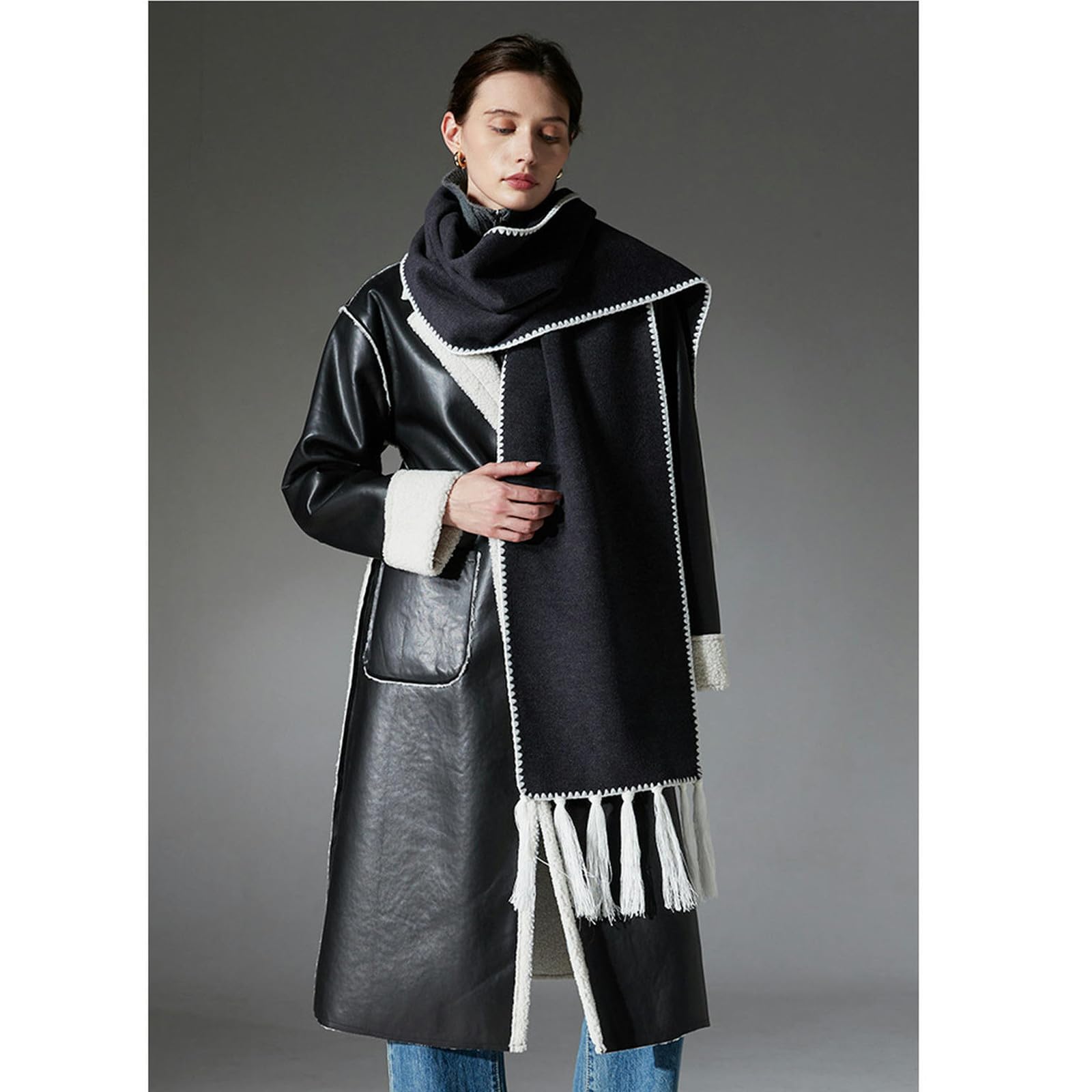 Sciarpa Donna Elegante Sciarpa A Doppia Faccia Grigio Scuro per Donne - Scialle Invernale Autunnale, Morbido E Caldo, Regalo di Natale Idear-Grigio Scuro-30 * 190 Cm