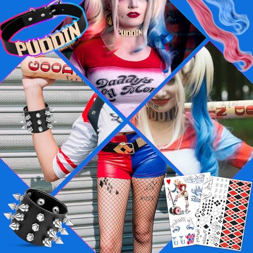 11 Pcs Puddin Choker Halloween Set Adjustable Punk Leather Letter Collar Necklace Tattoo Stickers Rivets Spike Bracelet Halloween Harley Cosplay Accessories for Women4