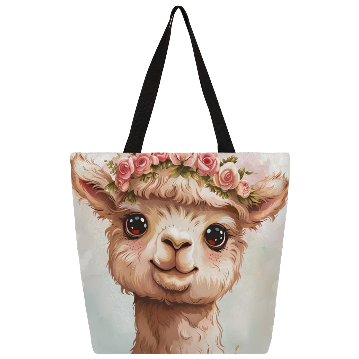 Mularoka Wreath Alpaca Cute Large Capacity Canvas Tote Bag Stylish Handheld Shoulder Bag Reusable Shopping Bag for Work Travel Beach Trips Shopping