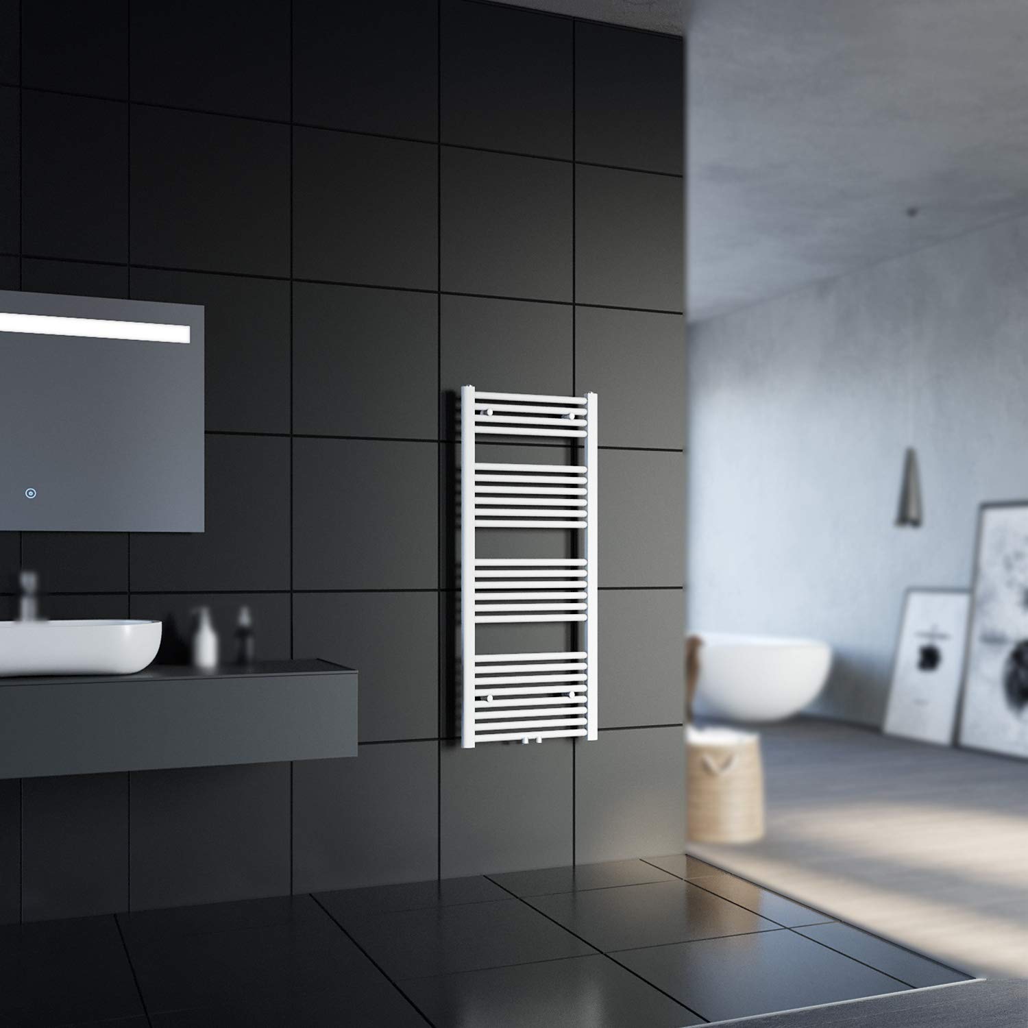 SONNI Grzejnik łazienkowy 1200 x 500 mm suszarka na ręczniki biały 490 W Design ogrzewacz do ręczników łazienka przyłącze środkowe ogrzewanie