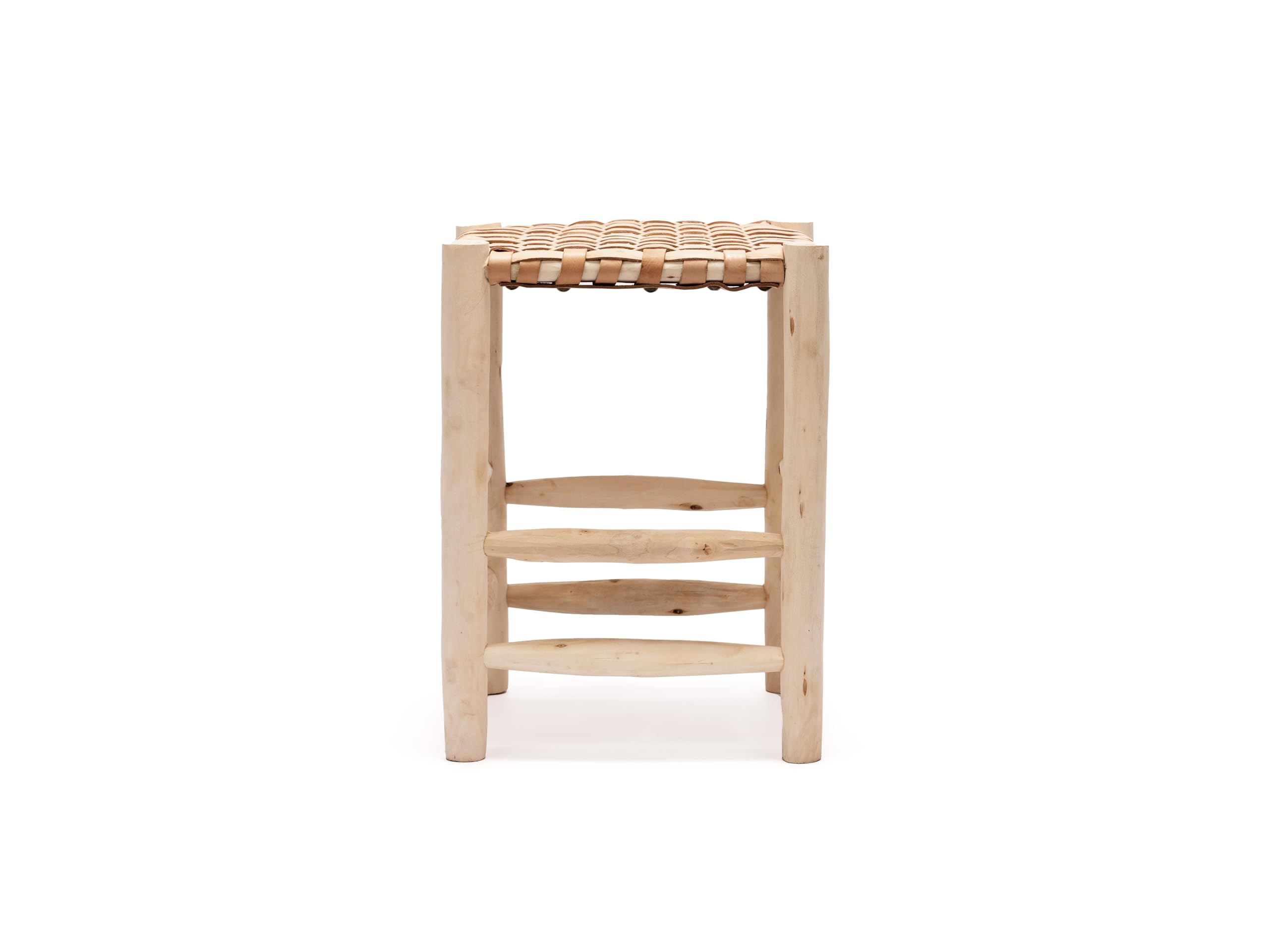 Taburete Marroquí con Asiento de Cuero Trenzado, Madera Natural, 35x35x40 cm. Taburete de Madera, Artesanal.