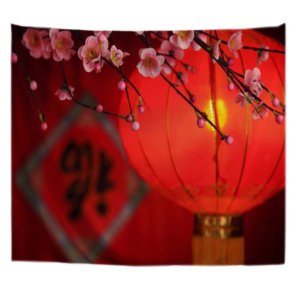 A.Monamour Red Lantern Spring Plum Tree Flowers Chinese New Year Spring Festival Holiday Themed Polyester Fabric Wall Hanging Tapestry Wall Arts Mural Decors For Bedroom Living Room Dorms