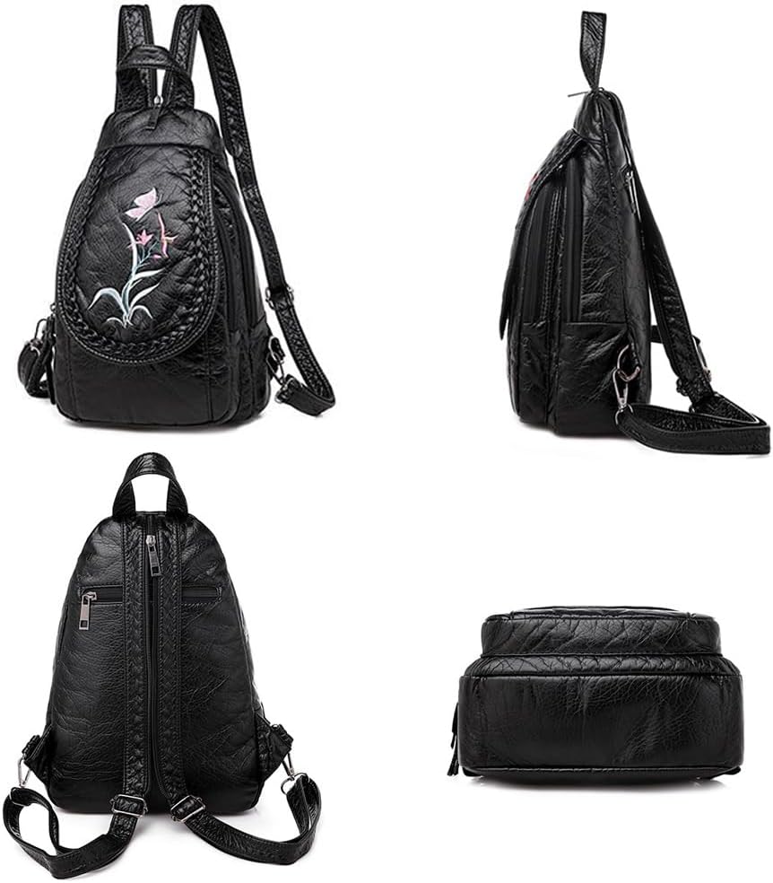 Vintage Embroidered Women Backpacks Soft PU Leather Backpack Purse Small Female Travel Bag Black Chest Packs (Orchid) - Image 4