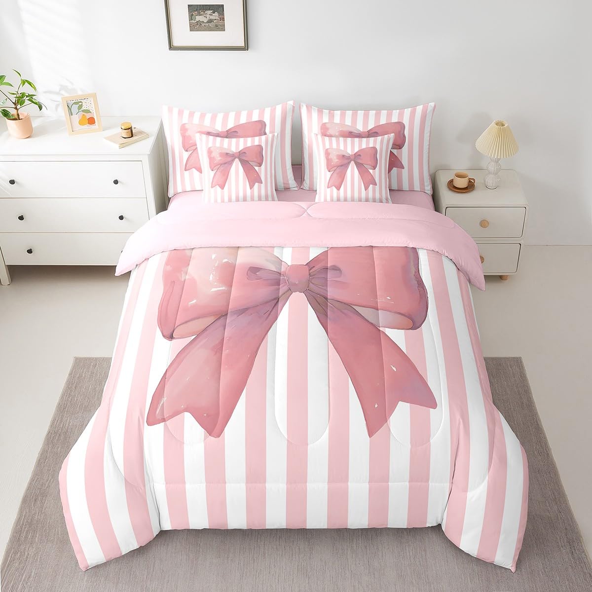 Bettwäsche-Set mit rosa Schleife, 7-teilig, für Queen-Size-Betten, verträumte Aquarell-Fliege, Kawaii-Bett in einer Tasche für Teenager, Cartoon-Prinzessinnen-Stil, geometrische rosa Streifen