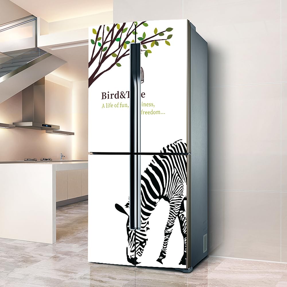 Fridge Sticker, Fridge Sticker Full Covering Door Covers Skins Wall Stickers for Kitchen Decal, Tree Bird cage Zebra(L: 100x180 cm)