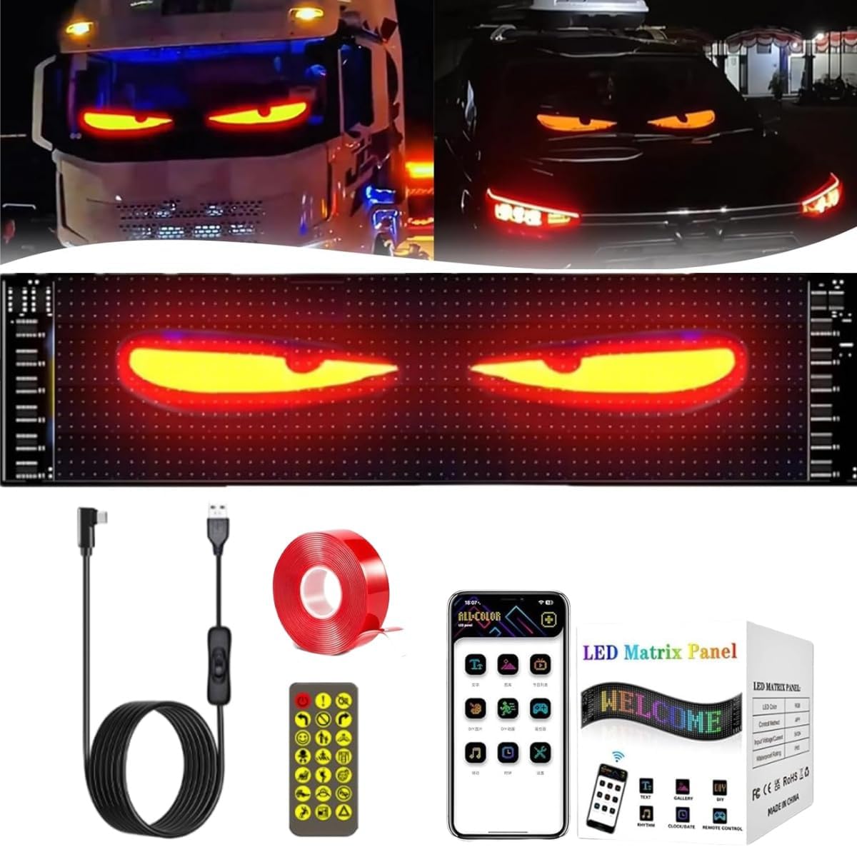 Colorful Eye Lamp Soft Screen for Car Windows,DIY Car Dynamic LED Smart Large Programmable Matrix Screen,Waterproof Flexible Scrolling Car LED Screen with Remote Control
