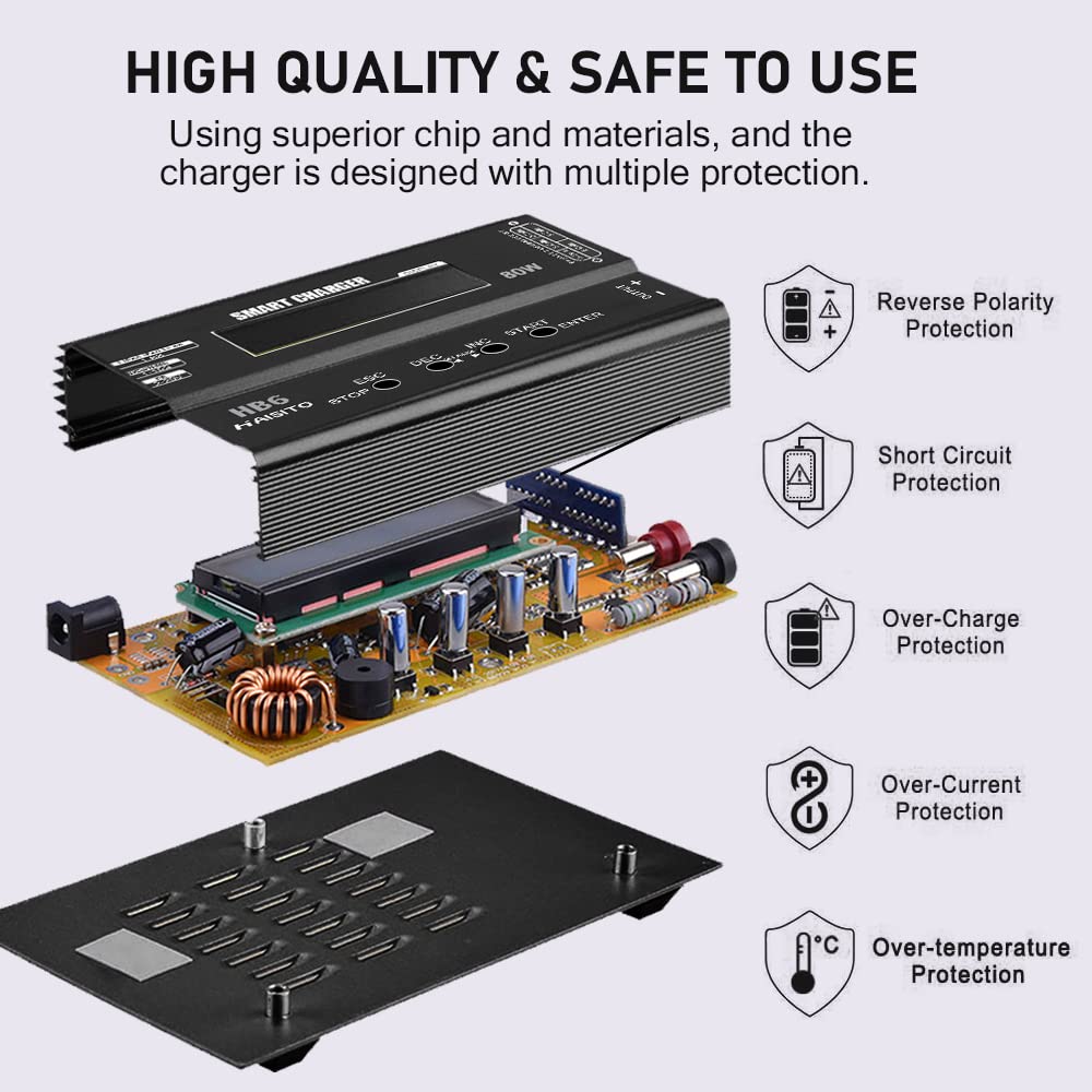 Haisito Caricabatterie Lipo 80W 6A Lipo Balancer per batteria Lipo/Li-Ion/Life (1-6S) e NiMH/NiCd (1-15S), caricatore RC con schermo LED, alimentatore e adattatore XT60 / Deans/JST/Futaba