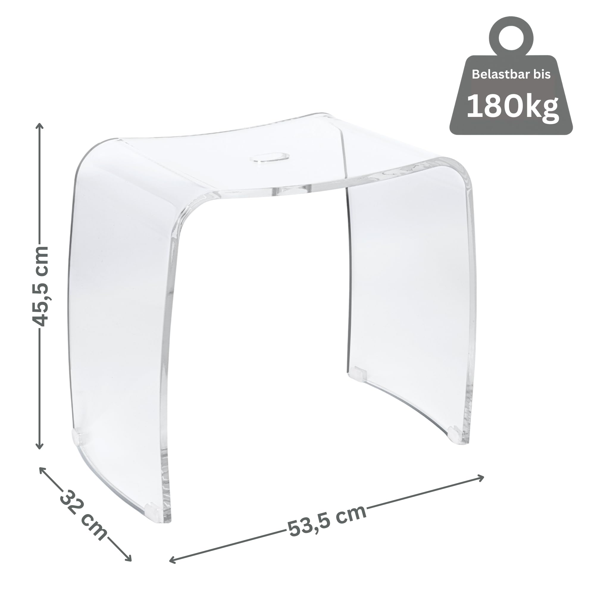 Badhocker Meran XL – transparenter Acrylhocker mit extra großer Sitzfläche – moderner Duschhocker mit Griff und rutschsicheren Gummifüßen – Stabiler Sitzhocker für Bad, Flur
