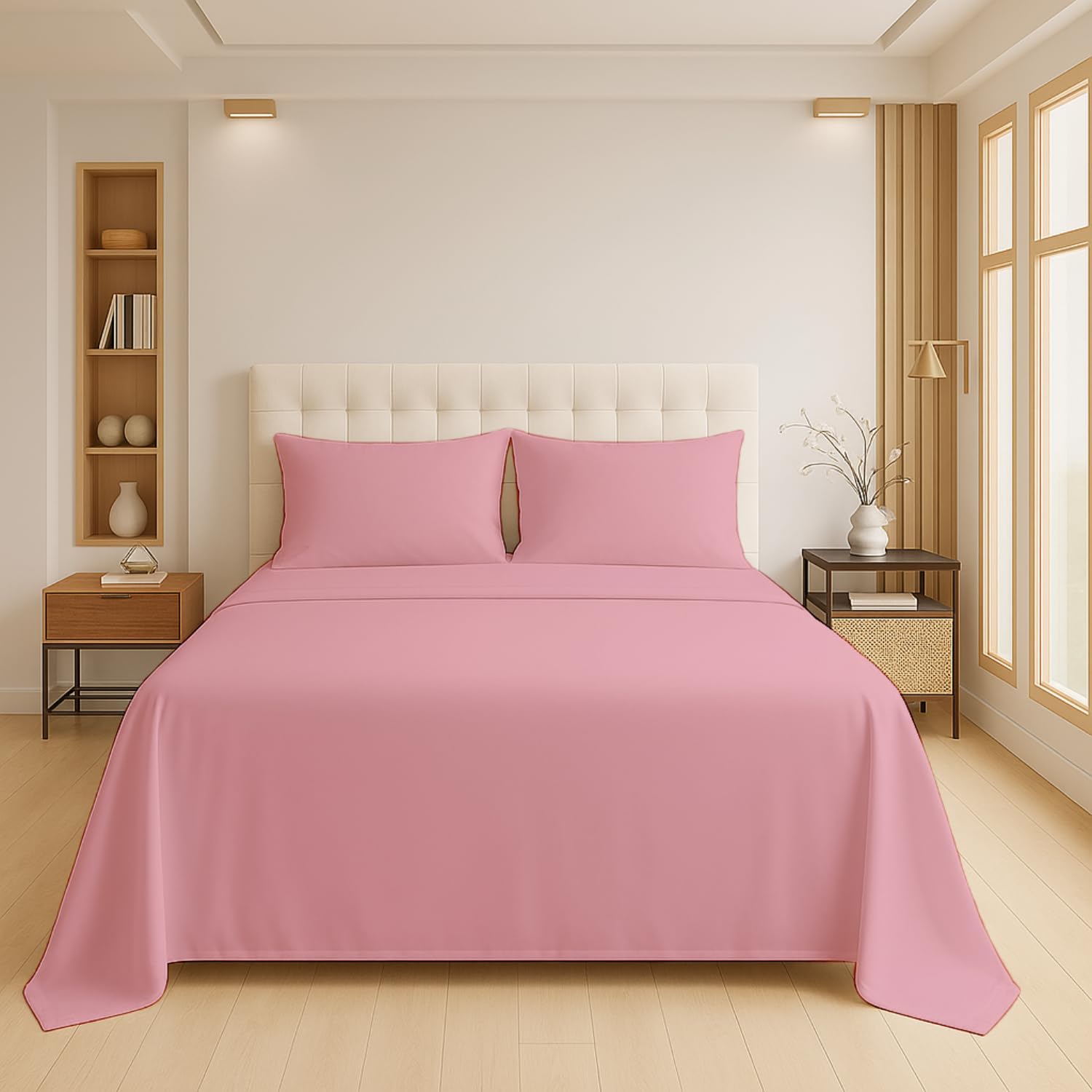 Luxury Flat Sheet Polycotton Plain Dyed Easy-care Non-Iron Bedsheets Parcale Wrinkle-resistant polycotton fabric (50% cotton 50% polyester) (Pink, Super King) — image 1