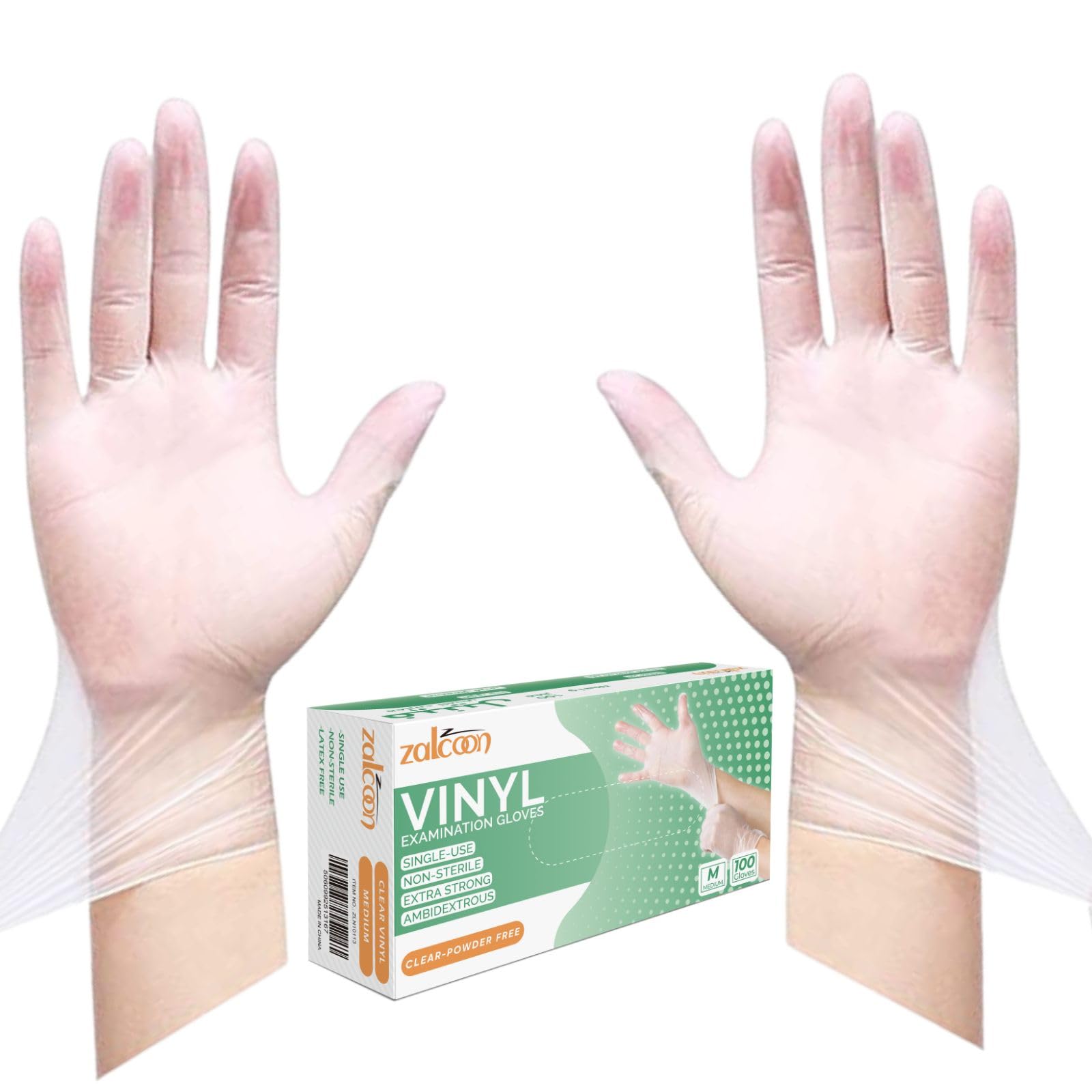ZALCOON Vinyl Exam disposable Gloves, 4.5g latex free Powder Free Gloves for light use, Home, Cleaning, Food Prep, Food safe and Non-Sterile (1 Pack x 100 Pieces)