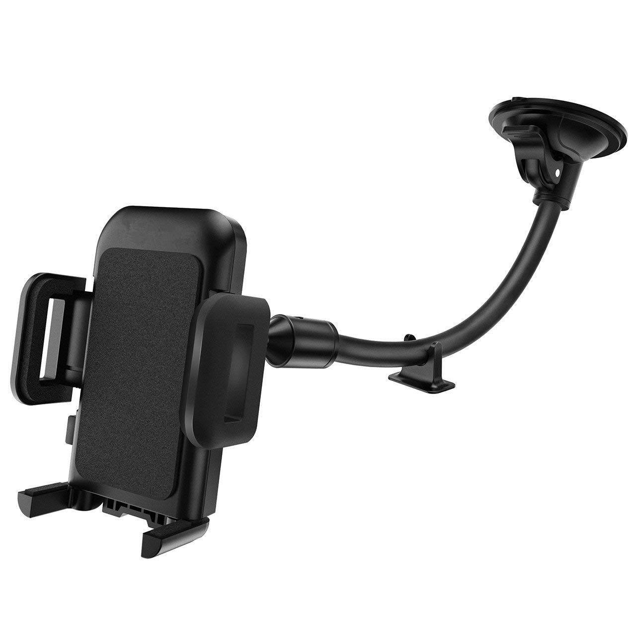 M&J Cell Phone Holder for Car, Windshield Long arm Car Phone Mount with One Button Design and anti-Skid Base Car Holder for iPhone