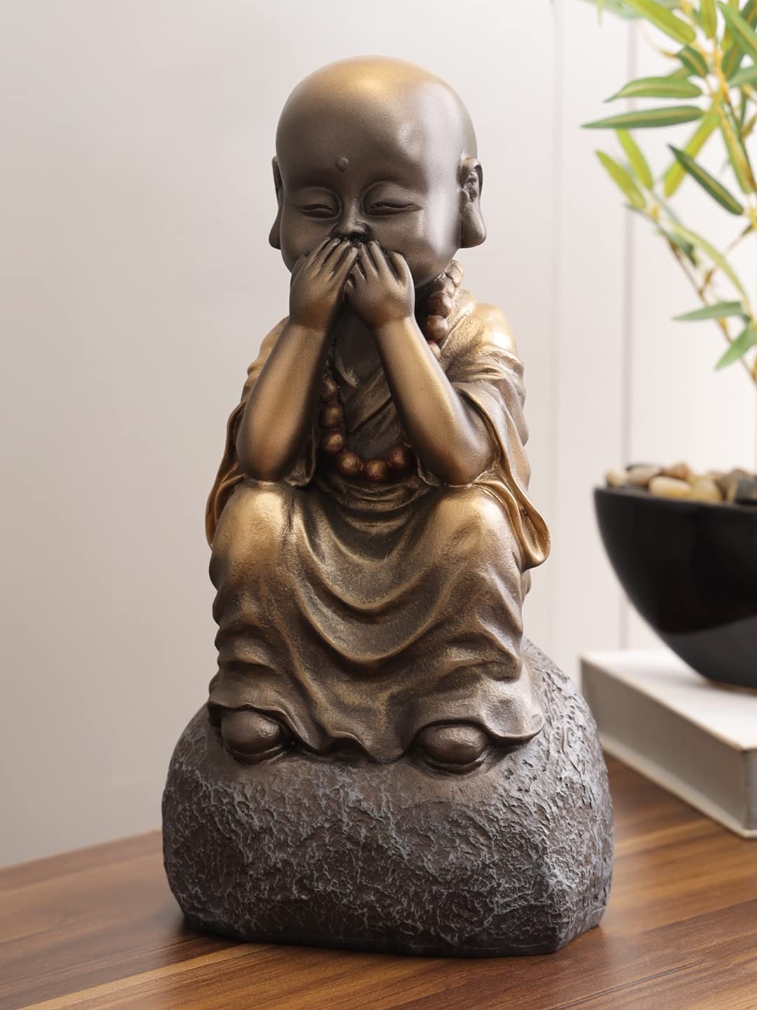 HomeTown Naqsh Polyresin Tatva Monk - Dont Speak Bad Figurine in Brown-Bronze Colour