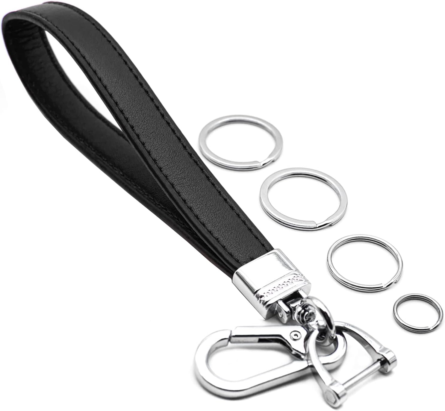 INFIPAR Car Fob Key Chain Genuine Leather Wristlet Strap Keychains Holder for Men and Women, 360 Degree Rotatable, with Anti-lost D-Ring, Carabiner Clip and 4pcs Key Rings, Black