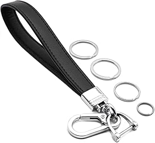 INFIPAR Car Fob Key Chain Genuine Leather Wristlet Strap Keychains Holder for Men and Women, 360 Degree Rotatable, with Anti-lost D-Ring, Carabiner Clip and 4pcs Key Rings, Black