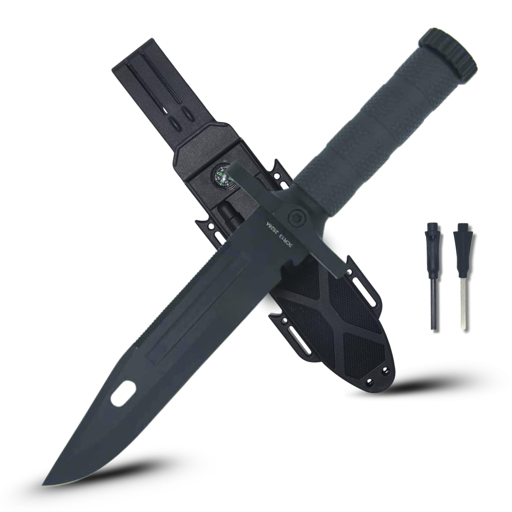 Generico Coltello Sopravvivenza con Lama da 19 cm in Acciaio Inossidabile, Manico Grigio e Fodero in ABS, Accendifuoco, Fischietto e Pietra per Affilare – Ideale per Campeggio, Caccia e Bushcraft