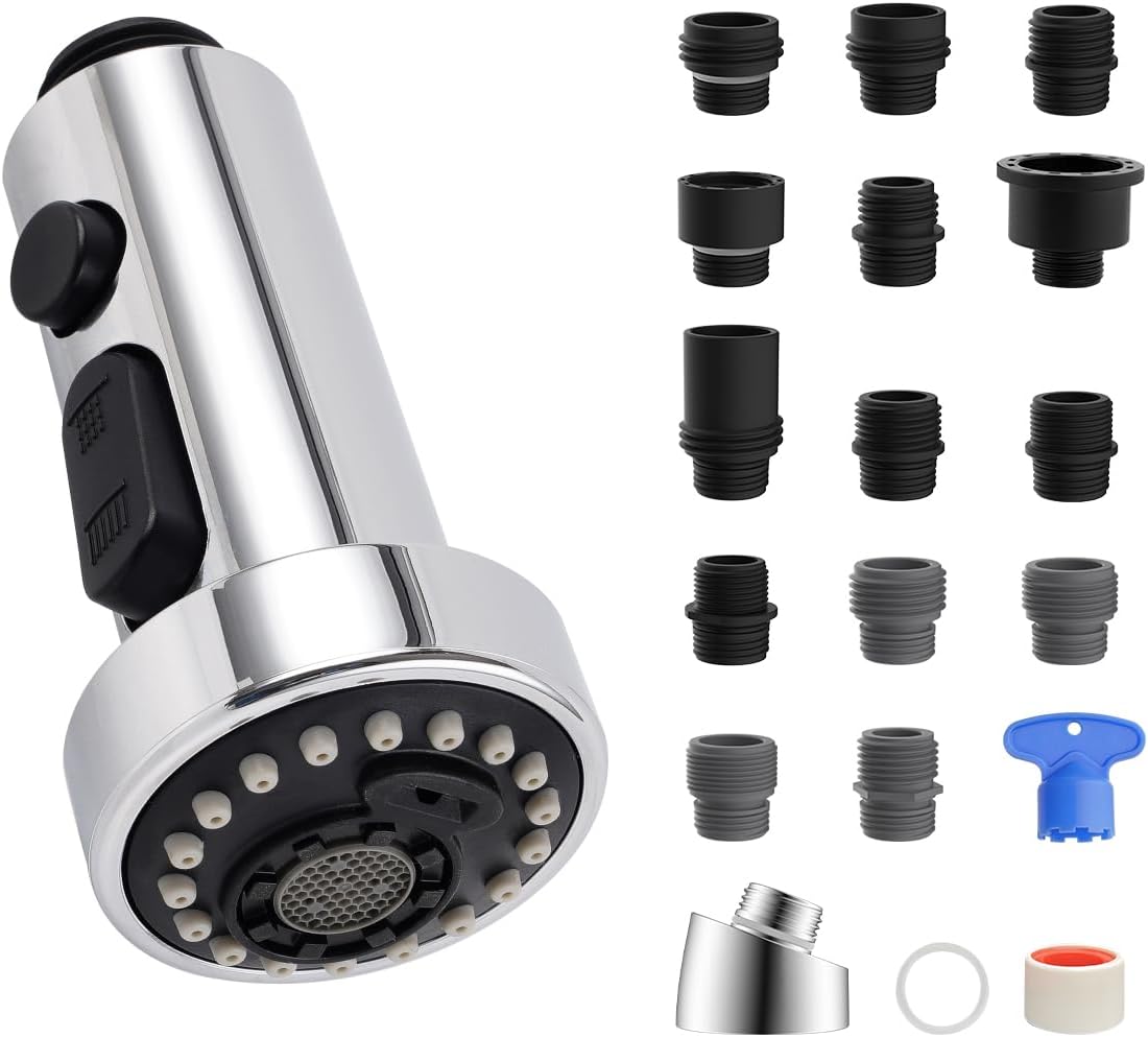 Product image of Hibbent Kitchen Faucet Head Replacement, Pull Down Sink Faucet Sprayer Nozzle with 3 Functions, 15 Adapters, Compatible with Moen, American Standard, Delta, Kohler (with Multi Adapters, Chrome)