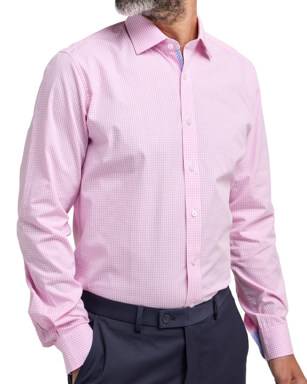 Double Two Men's Pink Long Gingham Check Formal Shirt Classic Fit Long Sleeve Business Wedding Cotton Dress Shirt - 16.5In Collar