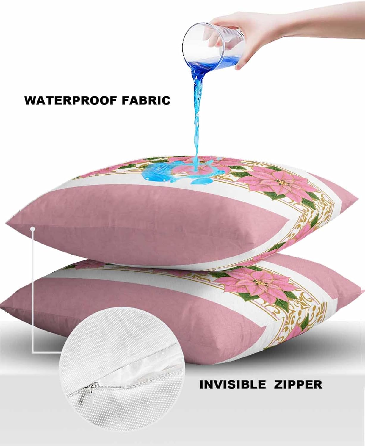 Pink Poinsettia Outdoor Pillow Covers Pack of 2 Christmas Winter Pink Flowers Waterproof Throw Pillow Covers Decorative Cushion Cases for Patio Garden Tent Balcony Couch 26x26 inch