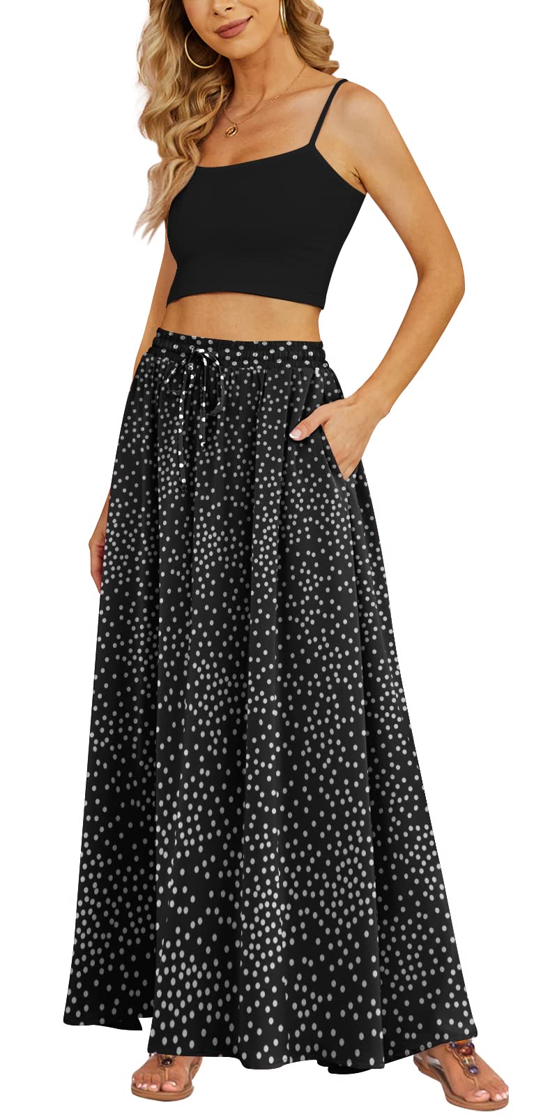 Yincro Women's Flowy Maxi Skirt Summer Pleated High Waisted Casual Long Skirts with Pockets